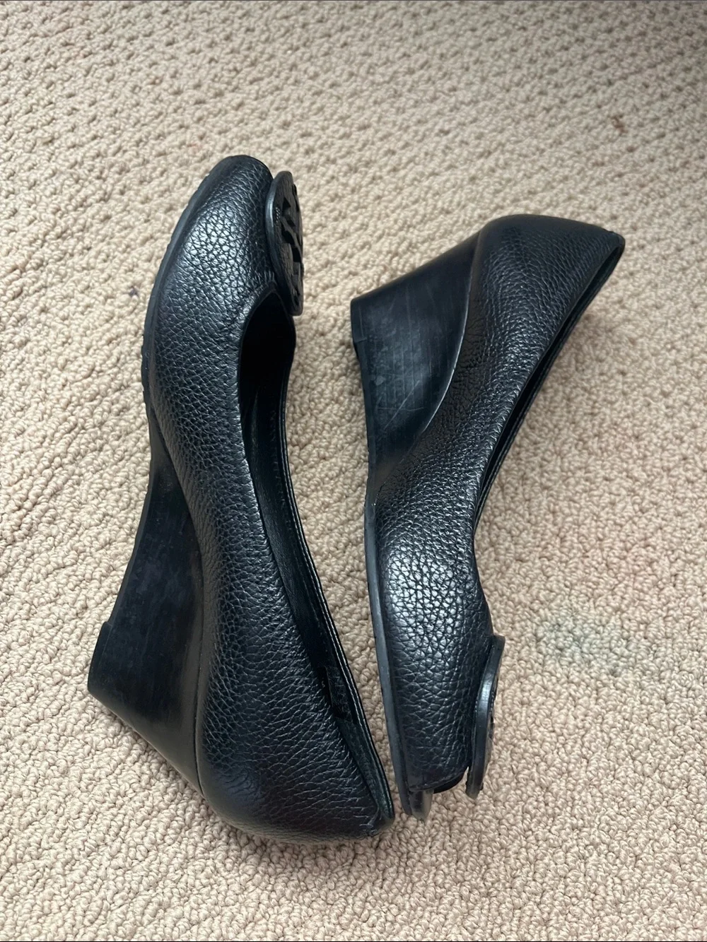 Tory Burch Black Pebbled Leather Wedge Pumps with Logo